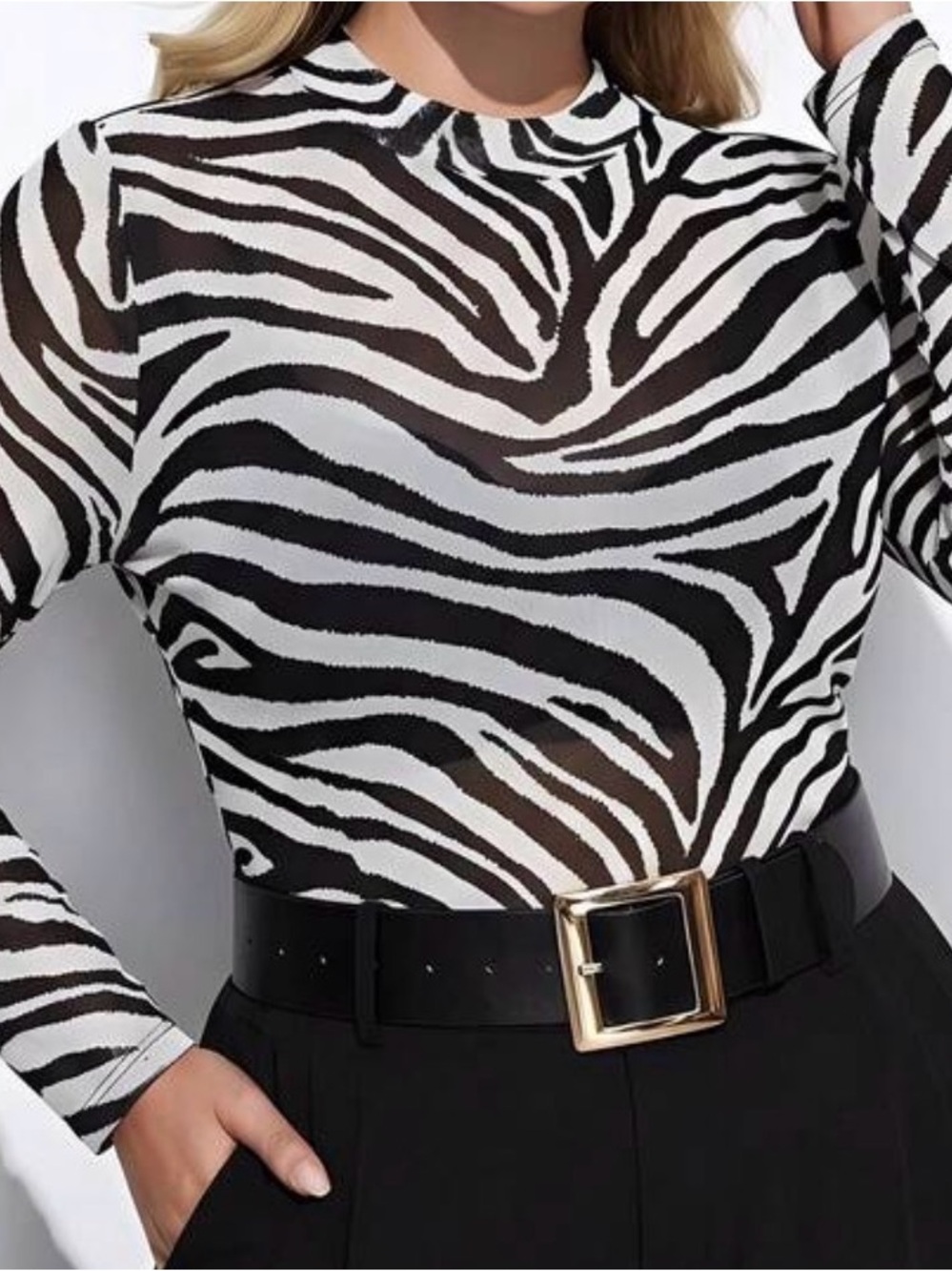 SHEIN Black & White Zebra-Print Sheer Mock Neck Long Sleeve Top